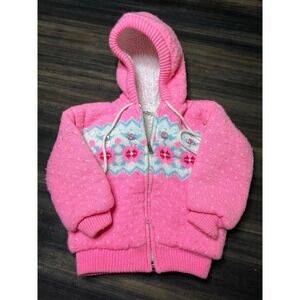 A Fun Tots Original Pink Sweater Jacket Hooded Fair‎ Isle Zip Up Size 18 months